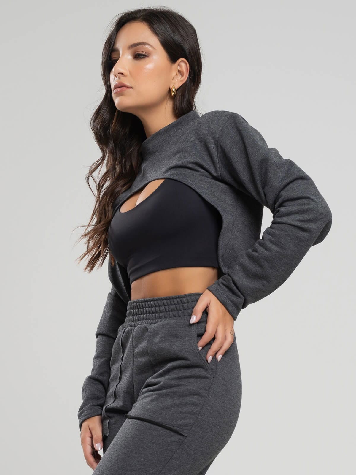 Casaco Super Cropped Manga Longa Grafite - Vicbela