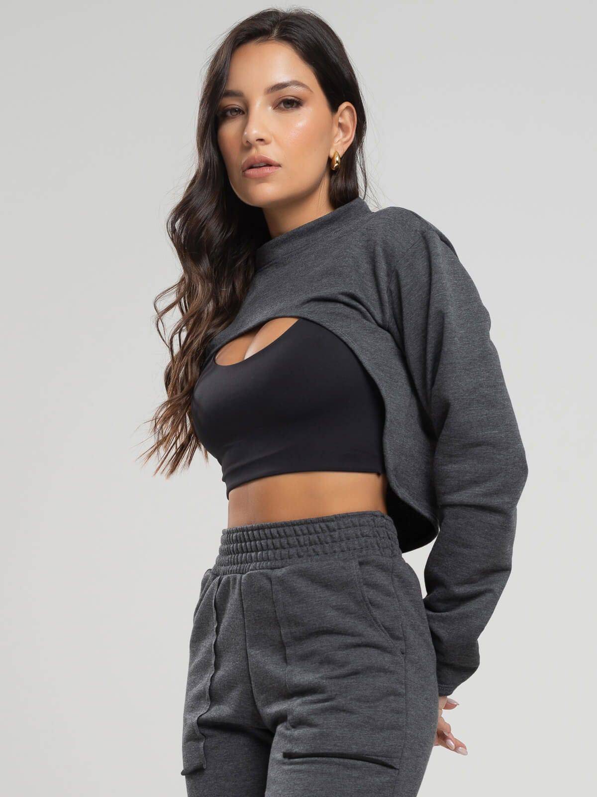 Casaco Super Cropped Manga Longa Grafite - Vicbela