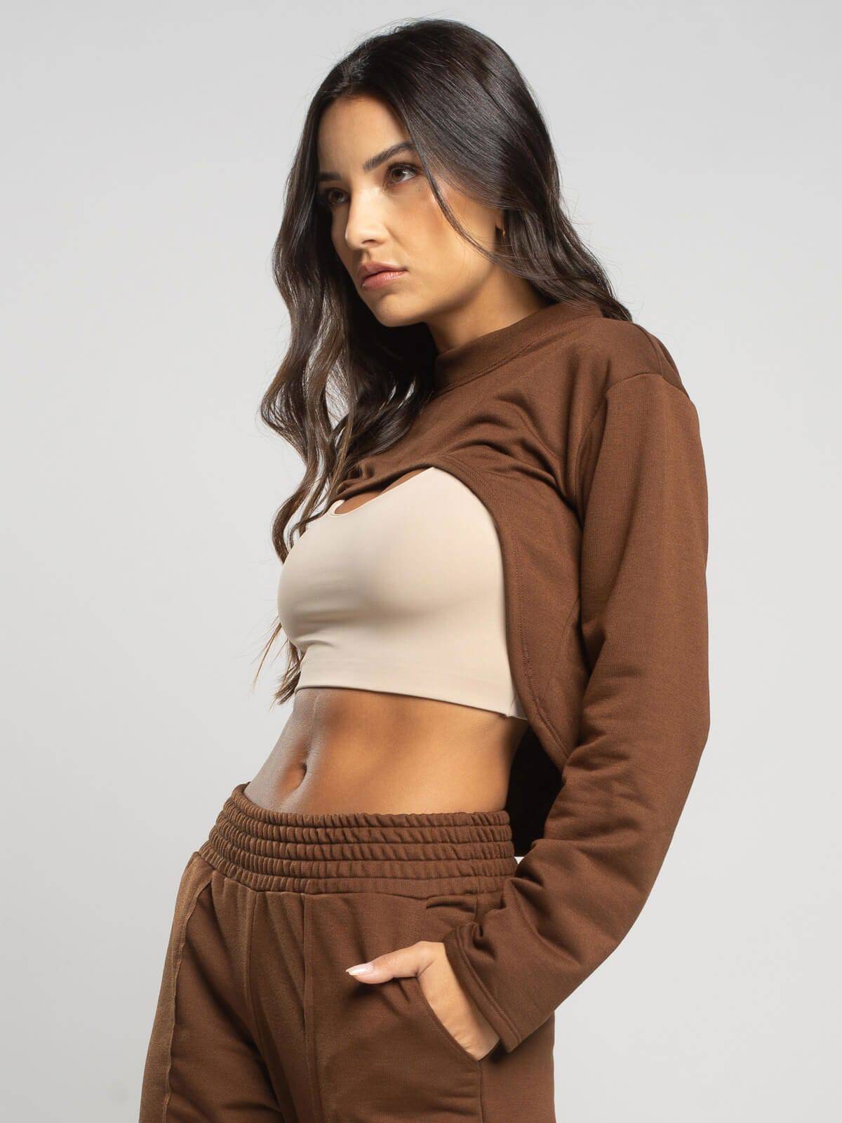 Casaco Super Cropped Manga Longa Marrom - Vicbela
