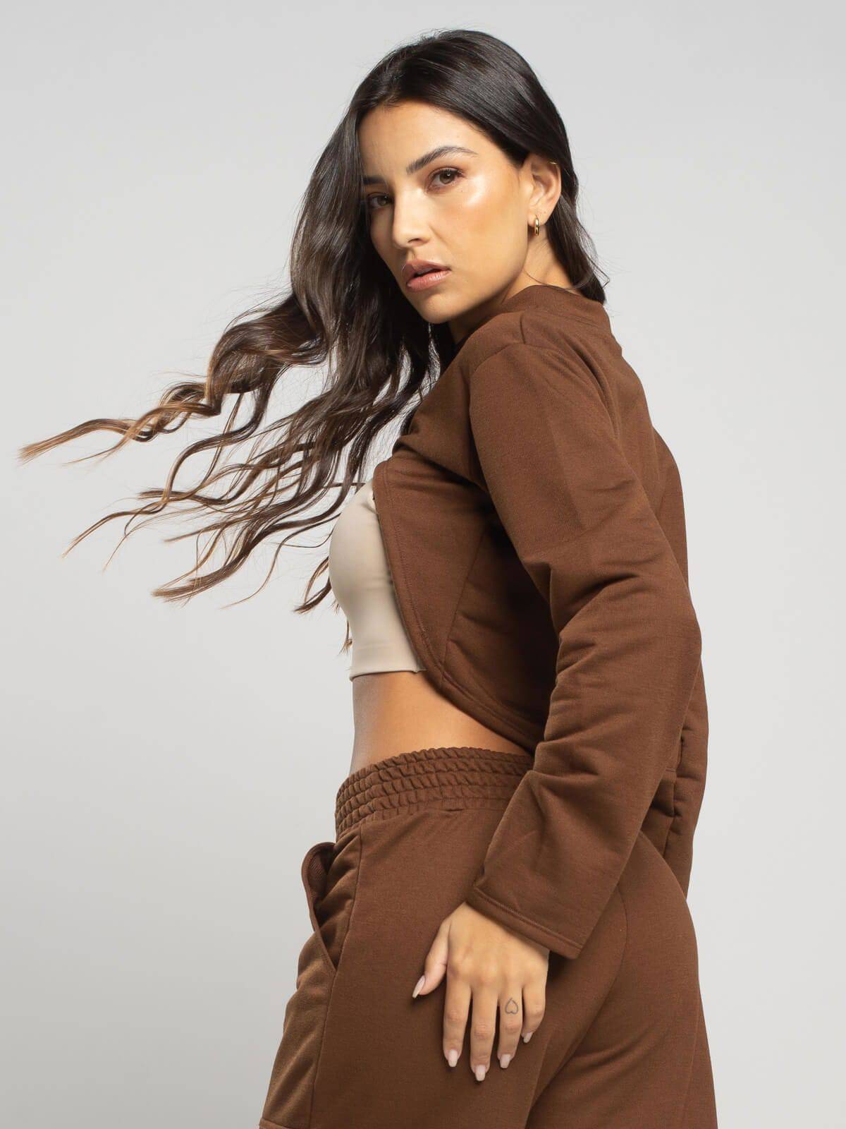 Casaco Super Cropped Manga Longa Marrom - Vicbela
