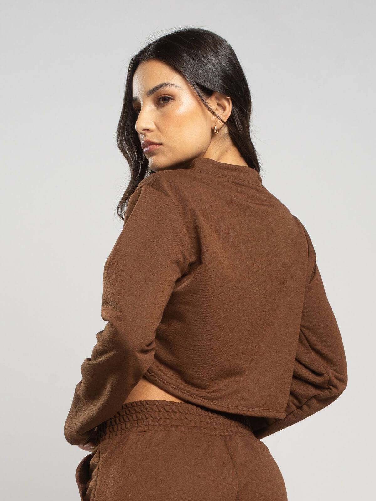 Casaco Super Cropped Manga Longa Marrom - Vicbela
