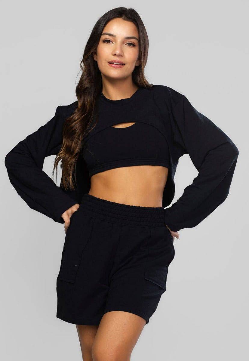 Casaco Super Cropped Manga Longa Preto - Vicbela