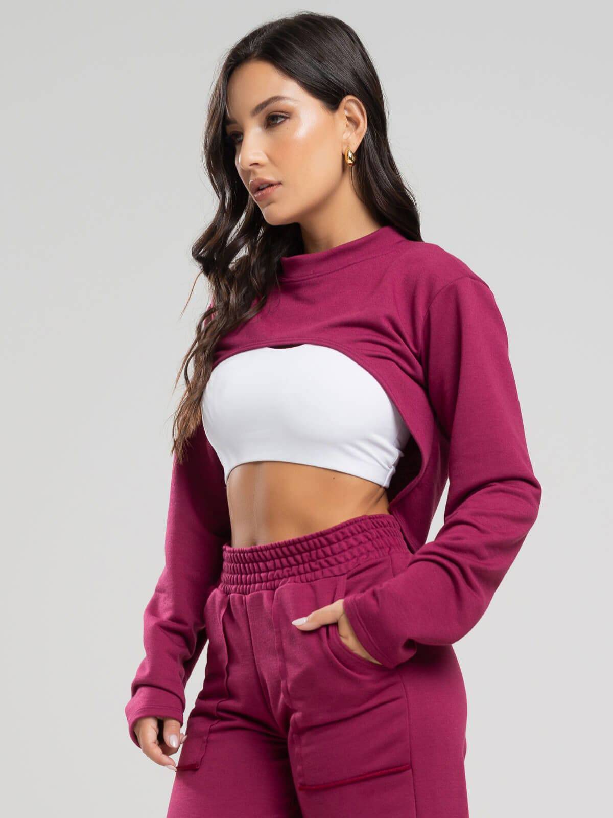 Casaco Super Cropped Manga Longa Vinho - Vicbela