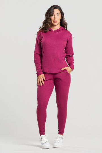 Conjunto Canelado Calça Jogger + Blusa com Capuz Manga Longa Vinho - Vicbela