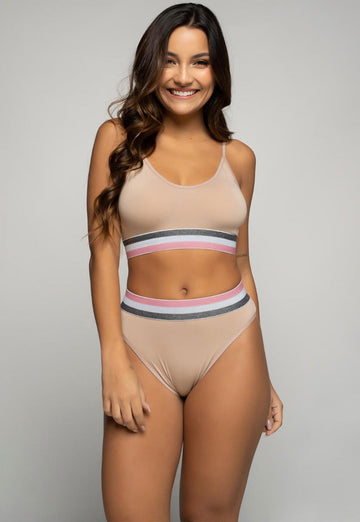 Conjunto Listra Top e Calcinha Tanga Bege - Vicbela