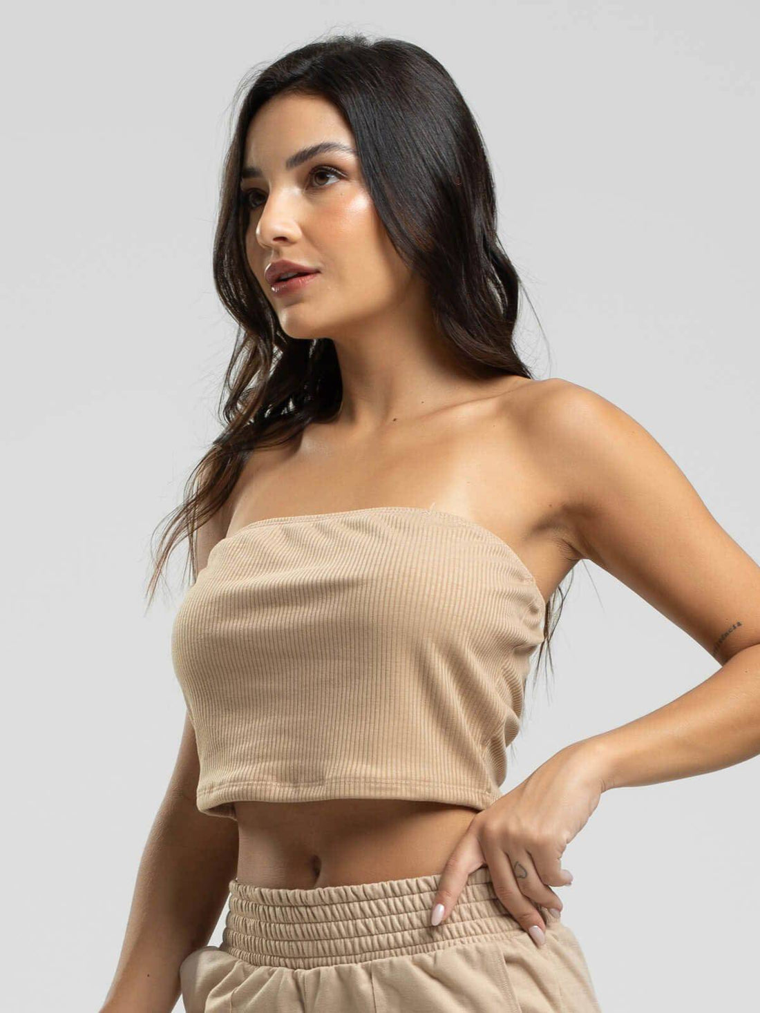 Cropped Canelado Tomara Que Caia Bege - Vicbela