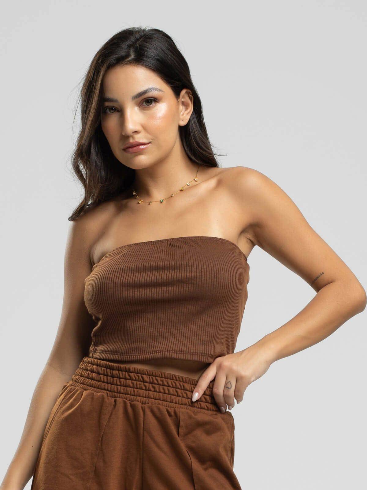 Cropped Canelado Tomara Que Caia Marrom - Vicbela