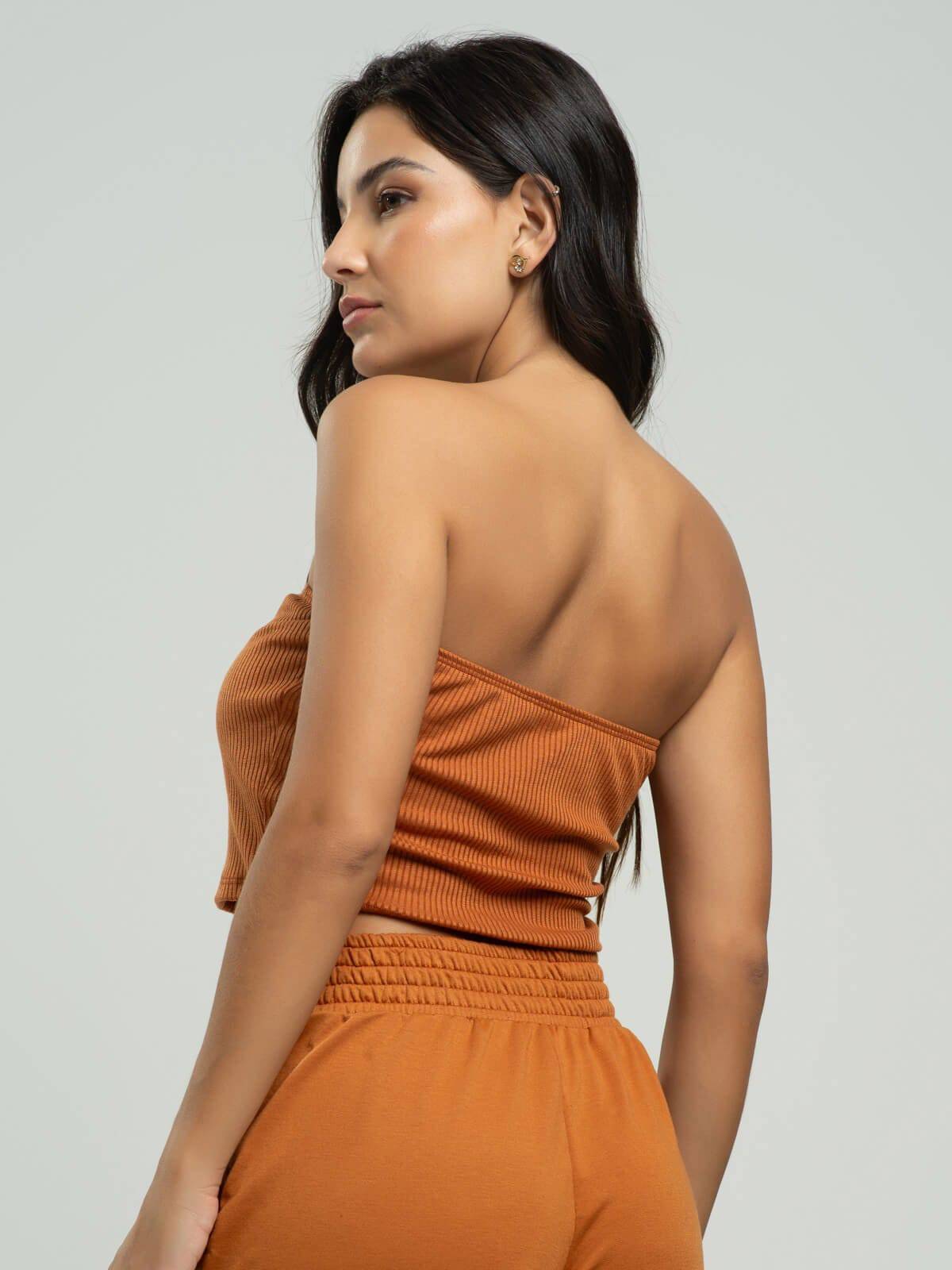 Cropped Canelado Tomara Que Caia Terracota - Vicbela
