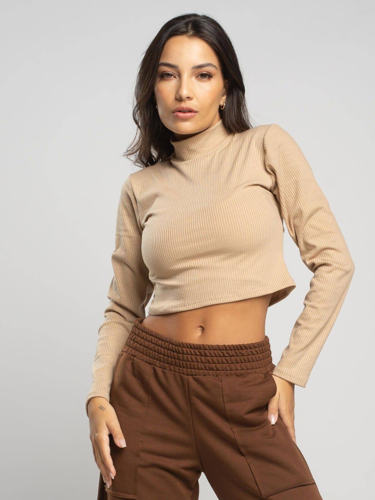 Cropped Gola Alta Manga Comprida Bege - Vicbela