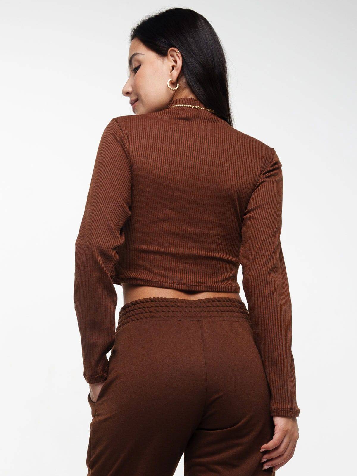 Cropped Gola Alta Manga Comprida Marrom - Vicbela