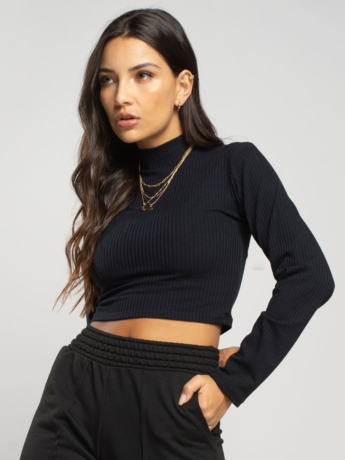 Cropped Gola Alta Manga Comprida Preto - Vicbela