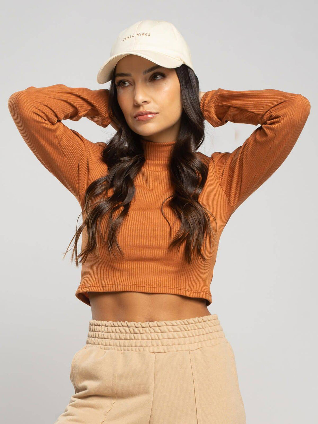 Cropped Gola Alta Manga Comprida Terracota - Vicbela