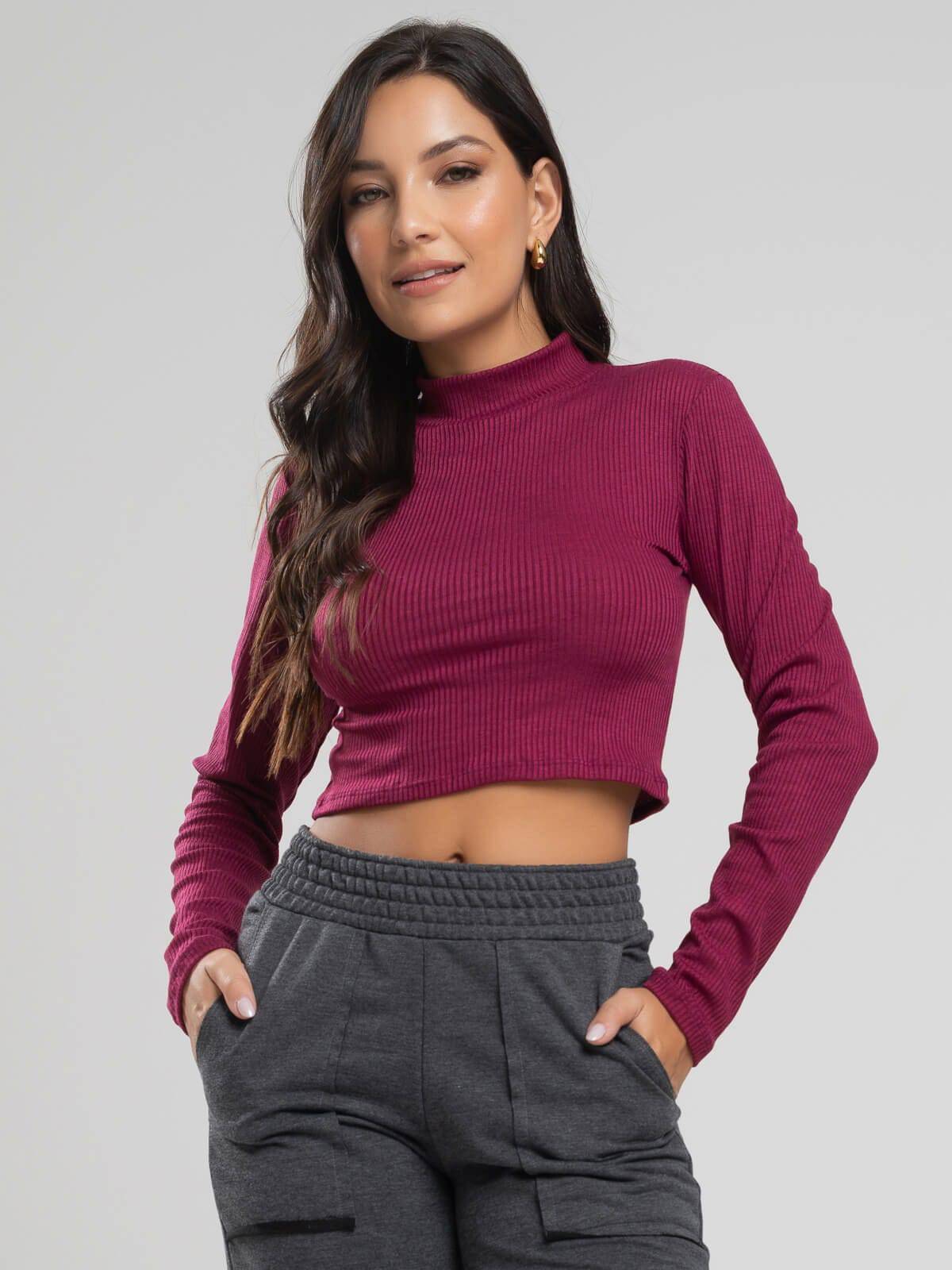 Cropped Gola Alta Manga Comprida Vinho - Vicbela