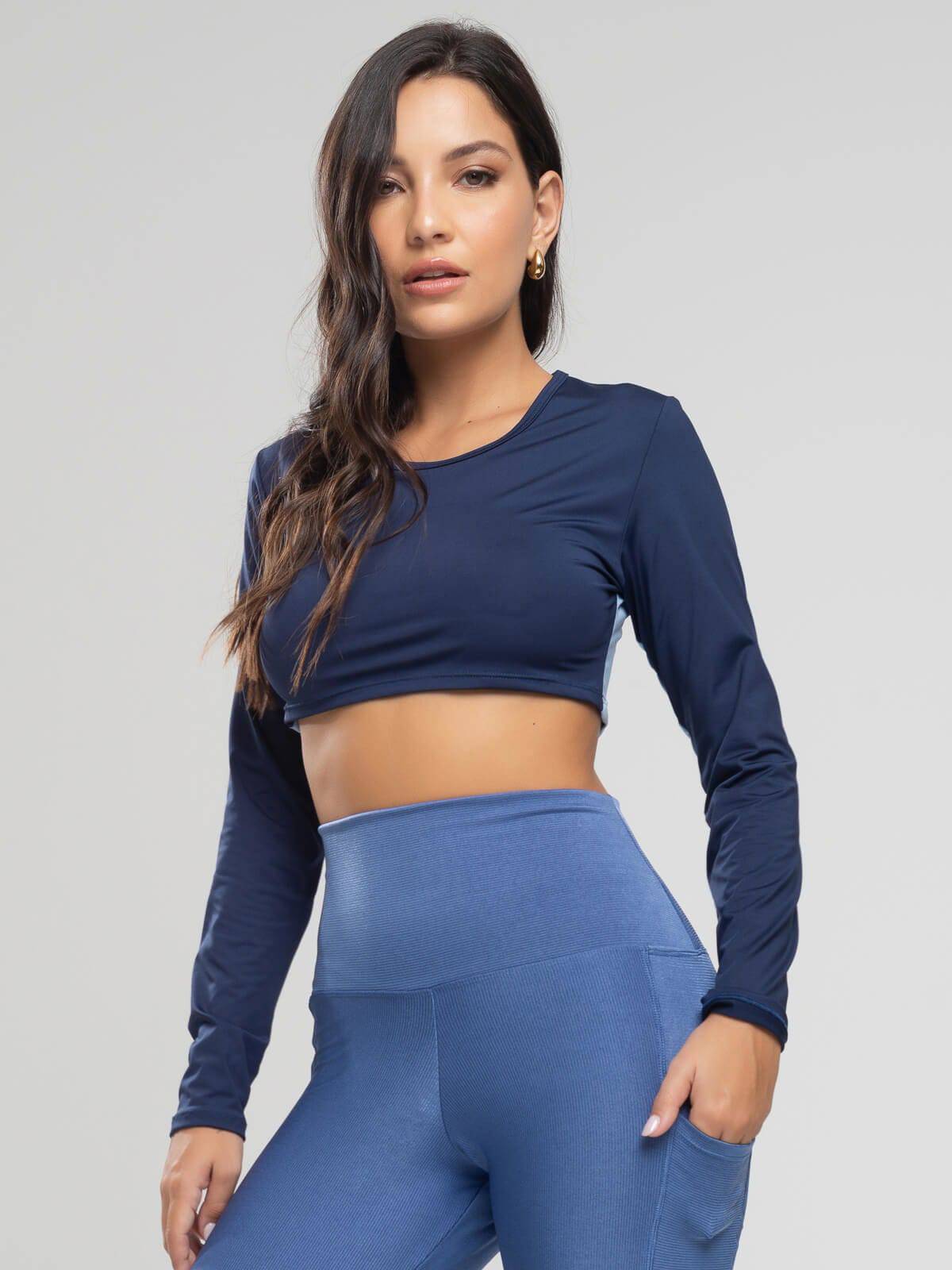 Cropped Proteção UV Faixa nas Costas Azul Marinho - Vicbela