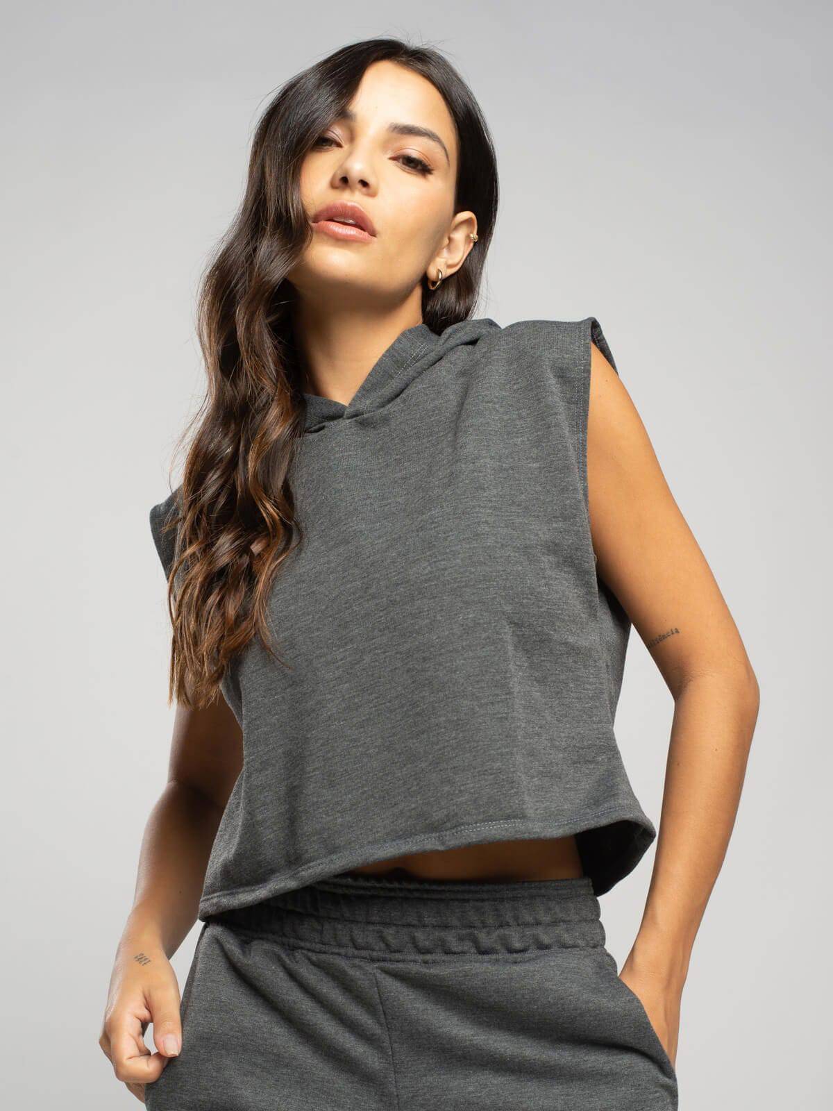 Cropped Regata Com Capuz Grafite - Vicbela