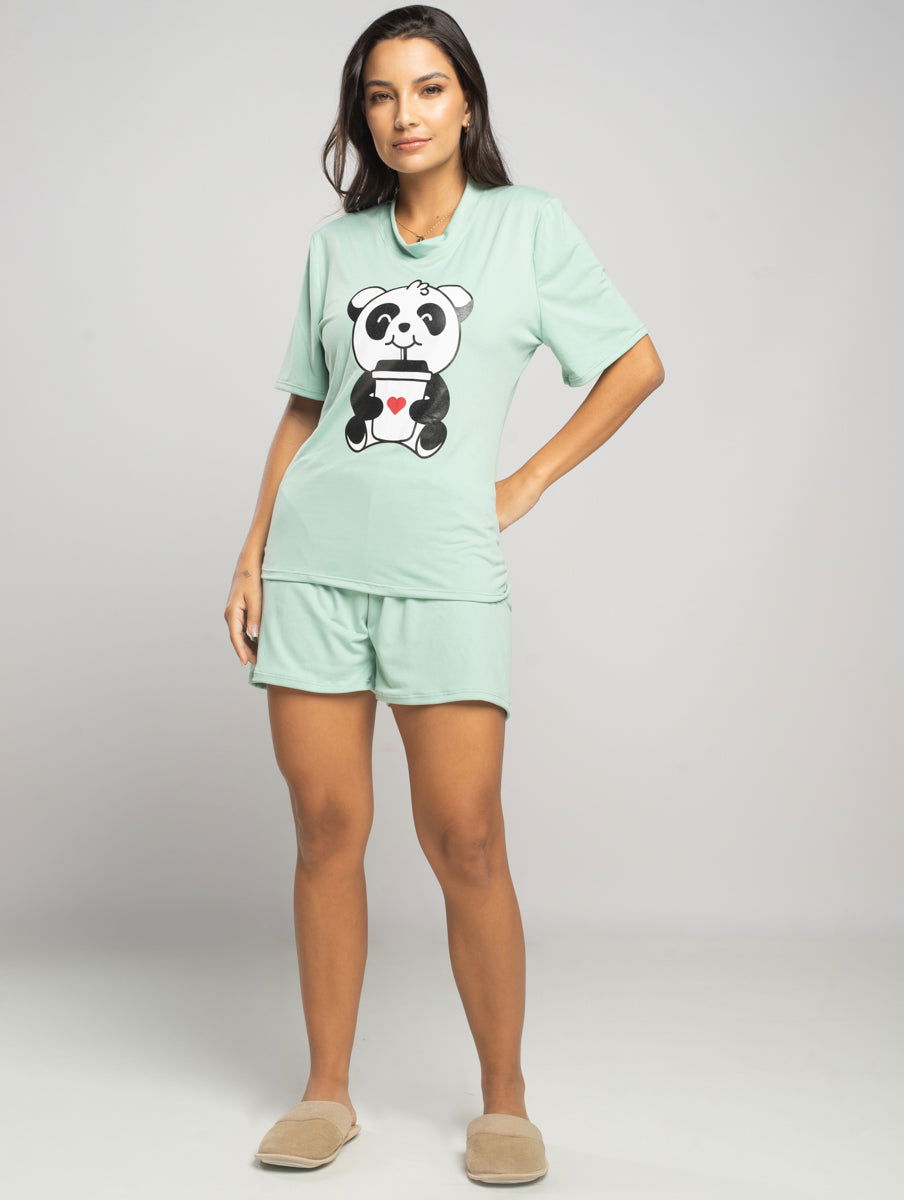 Pijama Suede Short e Blusa Manga Curta Verde - Vicbela