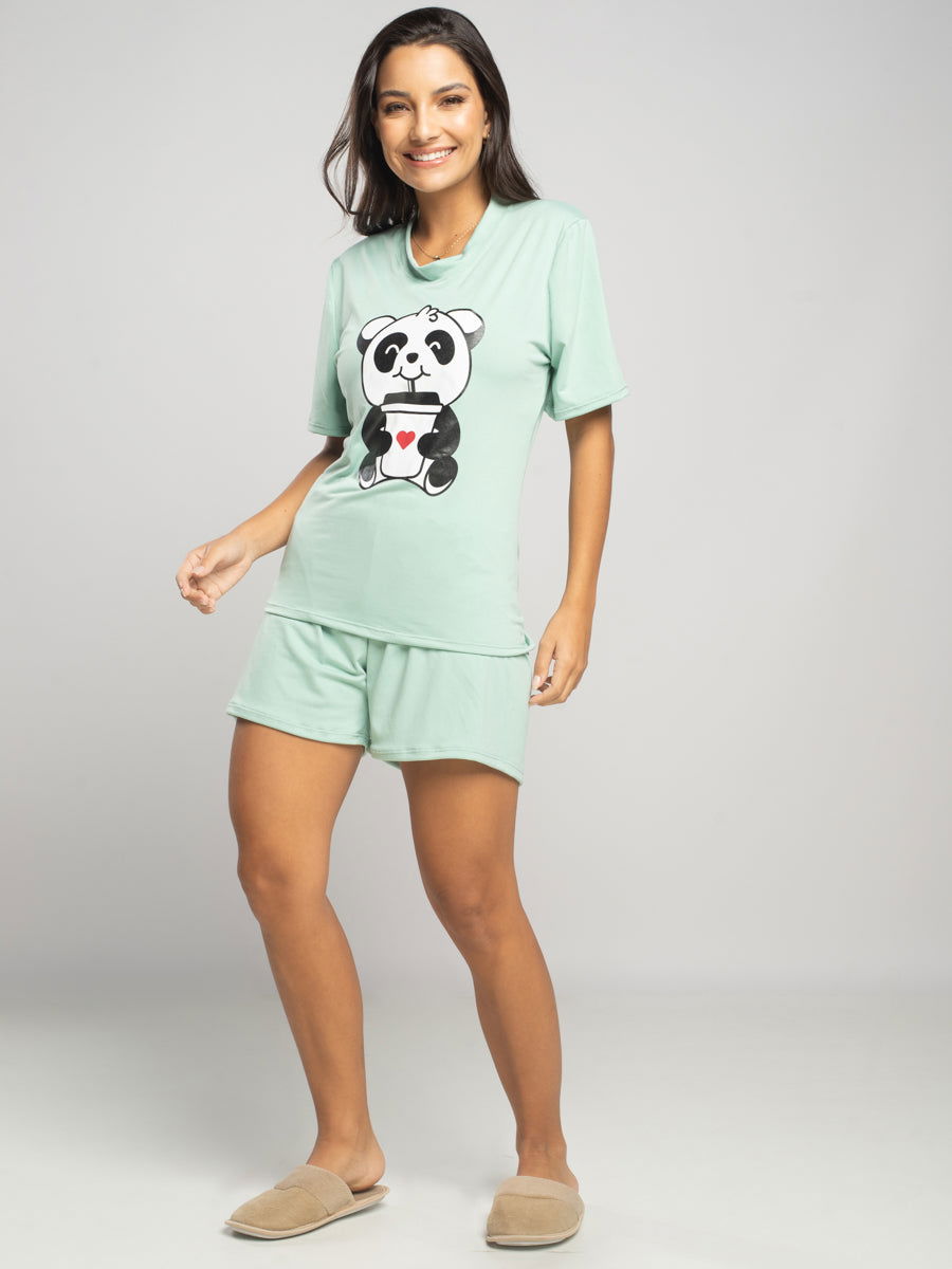 Pijama Suede Short e Blusa Manga Curta Verde - Vicbela