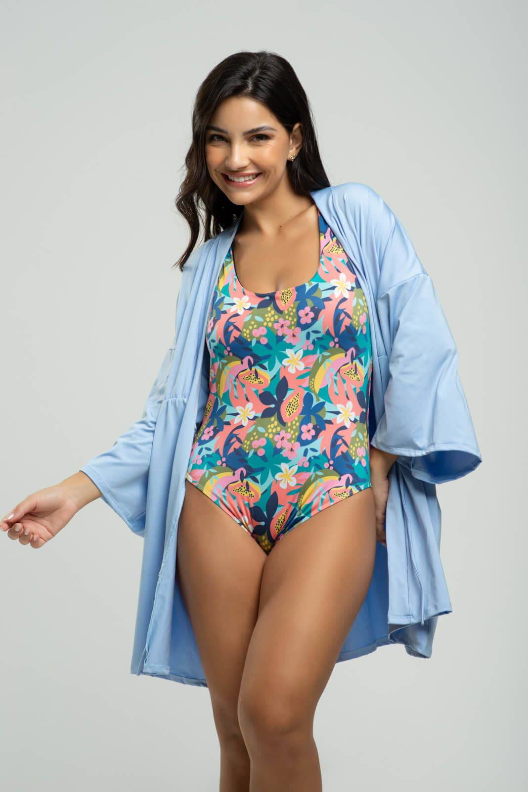 Saída de Praia Kimono Liso Azul Serenity - Vicbela