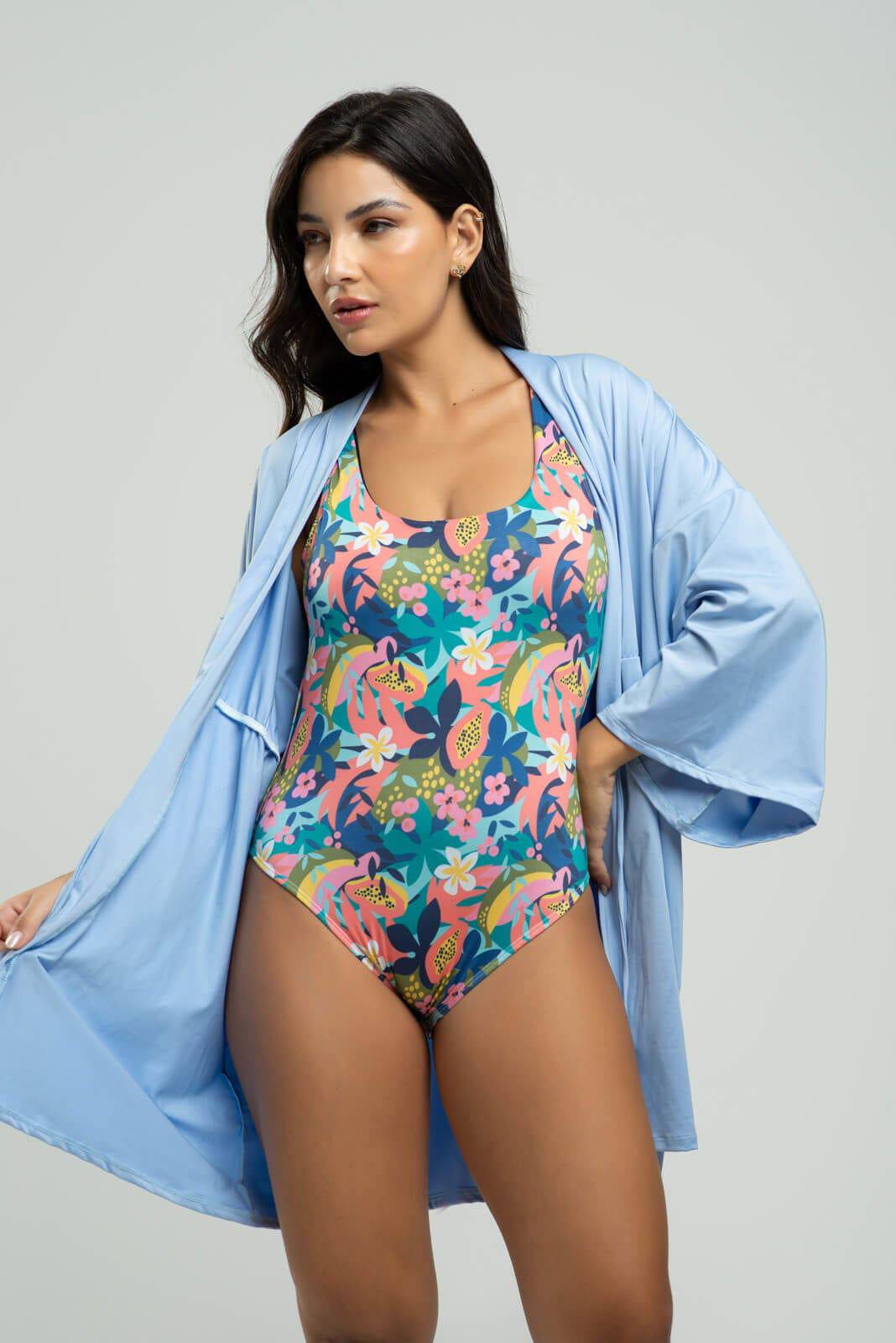 Saída de Praia Kimono Liso Azul Serenity - Vicbela