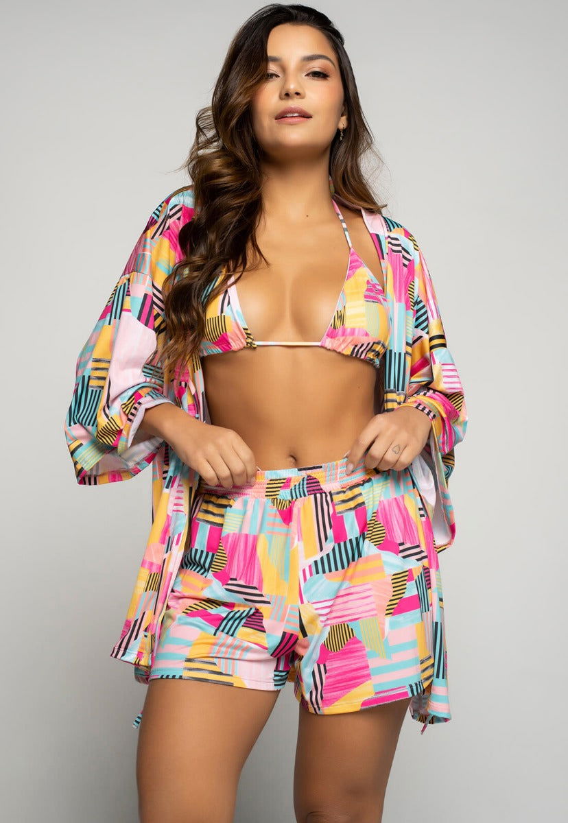 Saída de Praia Kimono UV Estampado Amarelo - Vicbela