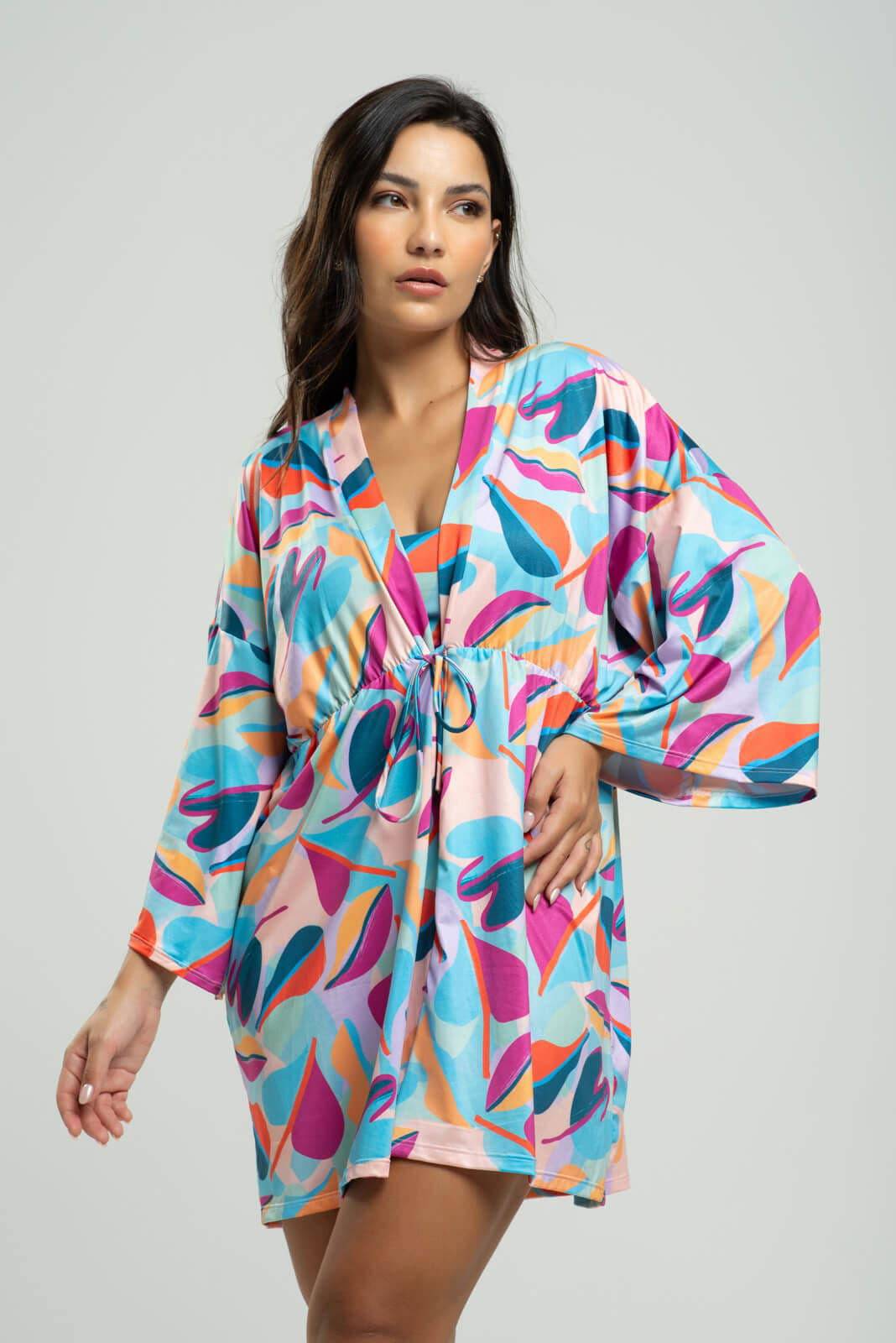 Saída de Praia Kimono UV Estampado Colorido - Vicbela