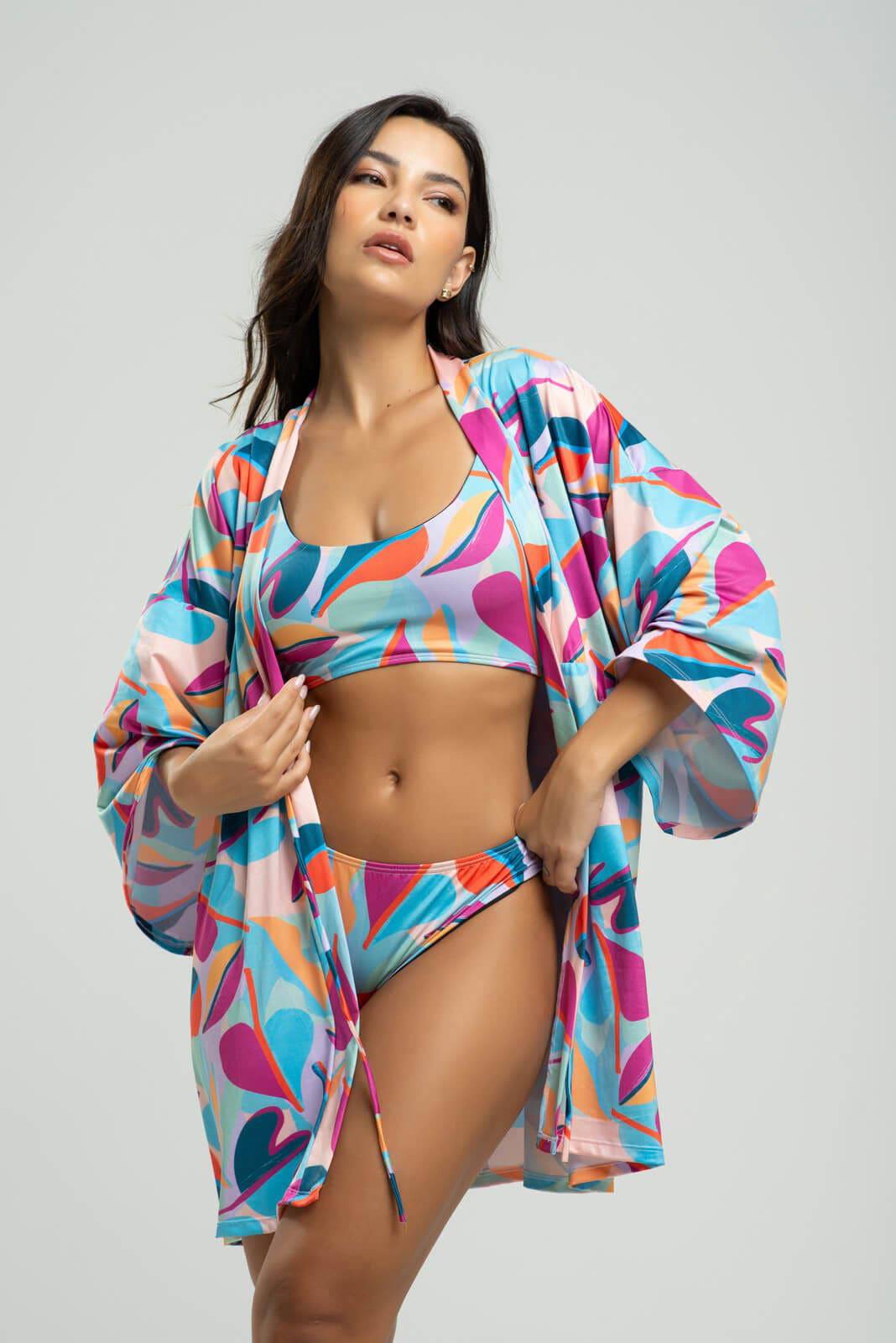 Saída de Praia Kimono UV Estampado Colorido - Vicbela