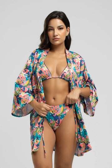 Saída de Praia Kimono UV Estampado Flor - Vicbela