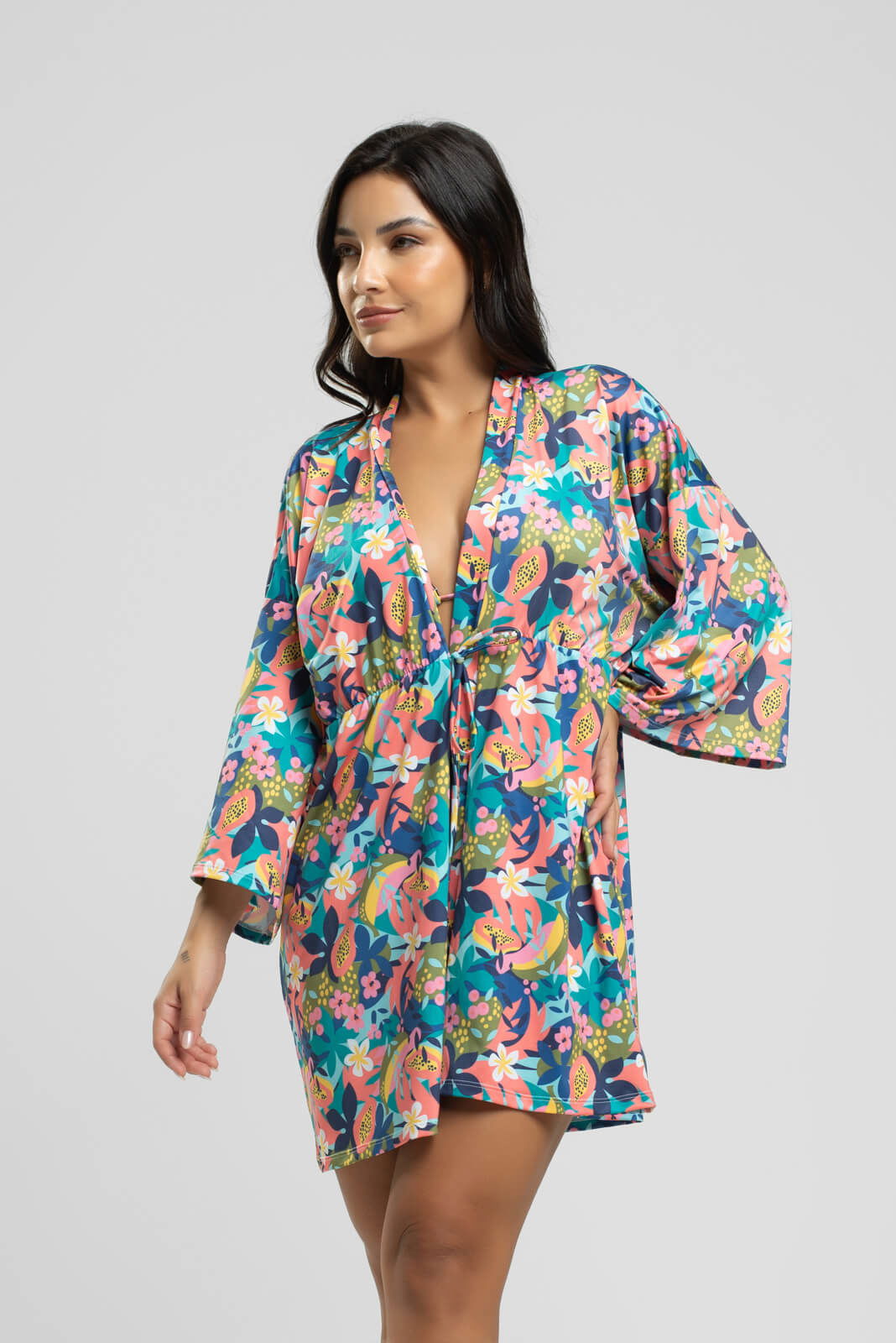 Saída de Praia Kimono UV Estampado Flor - Vicbela