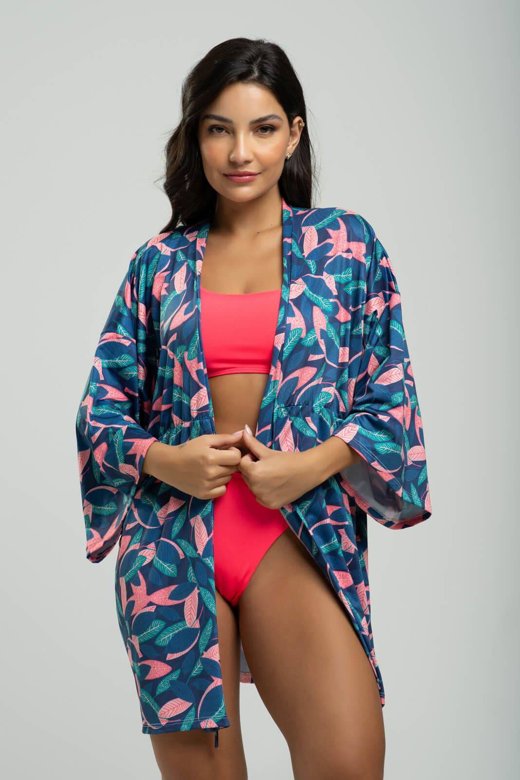Saída de Praia Kimono UV Estampado Folhas - Vicbela