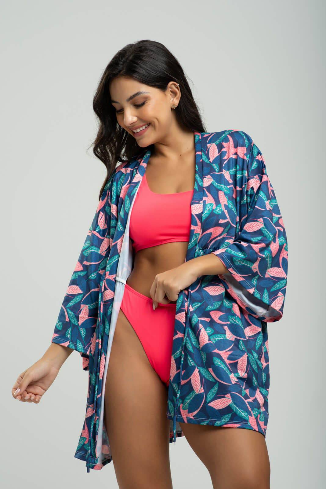 Saída de Praia Kimono UV Estampado Folhas - Vicbela