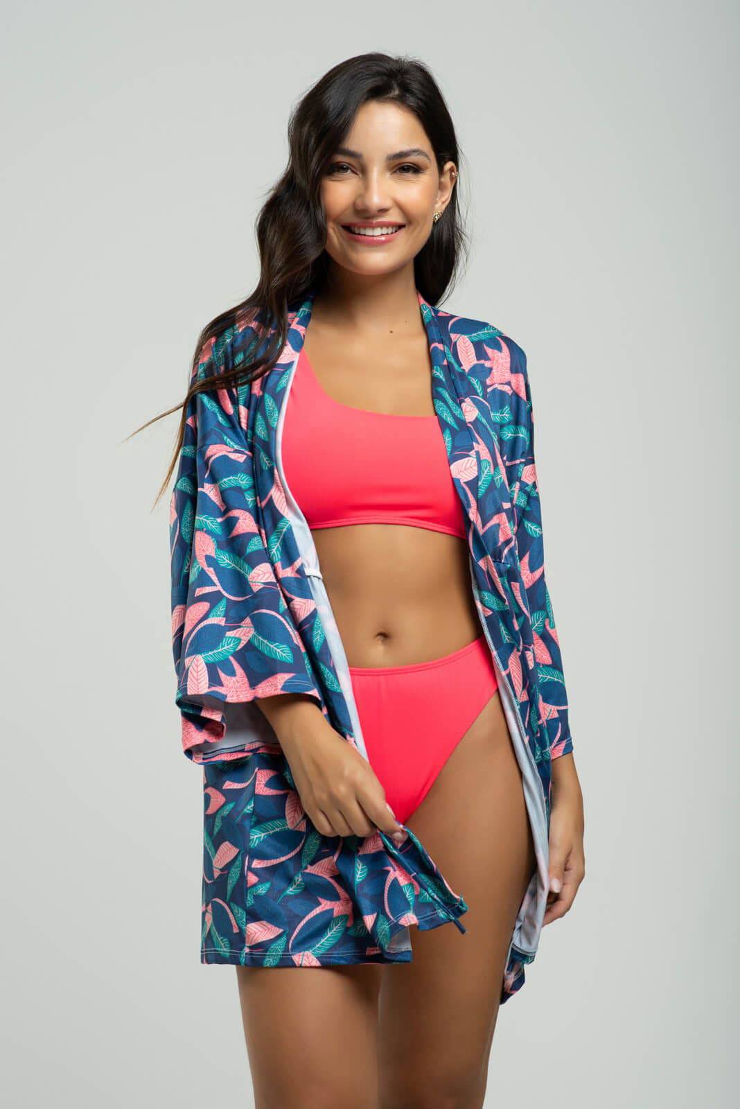 Saída de Praia Kimono UV Estampado Folhas - Vicbela