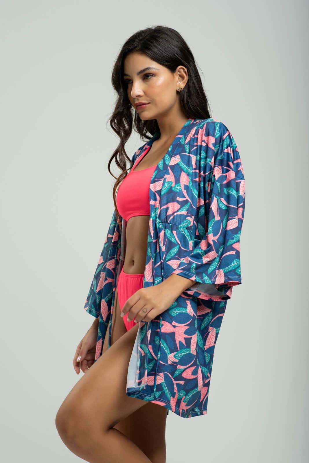 Saída de Praia Kimono UV Estampado Folhas - Vicbela