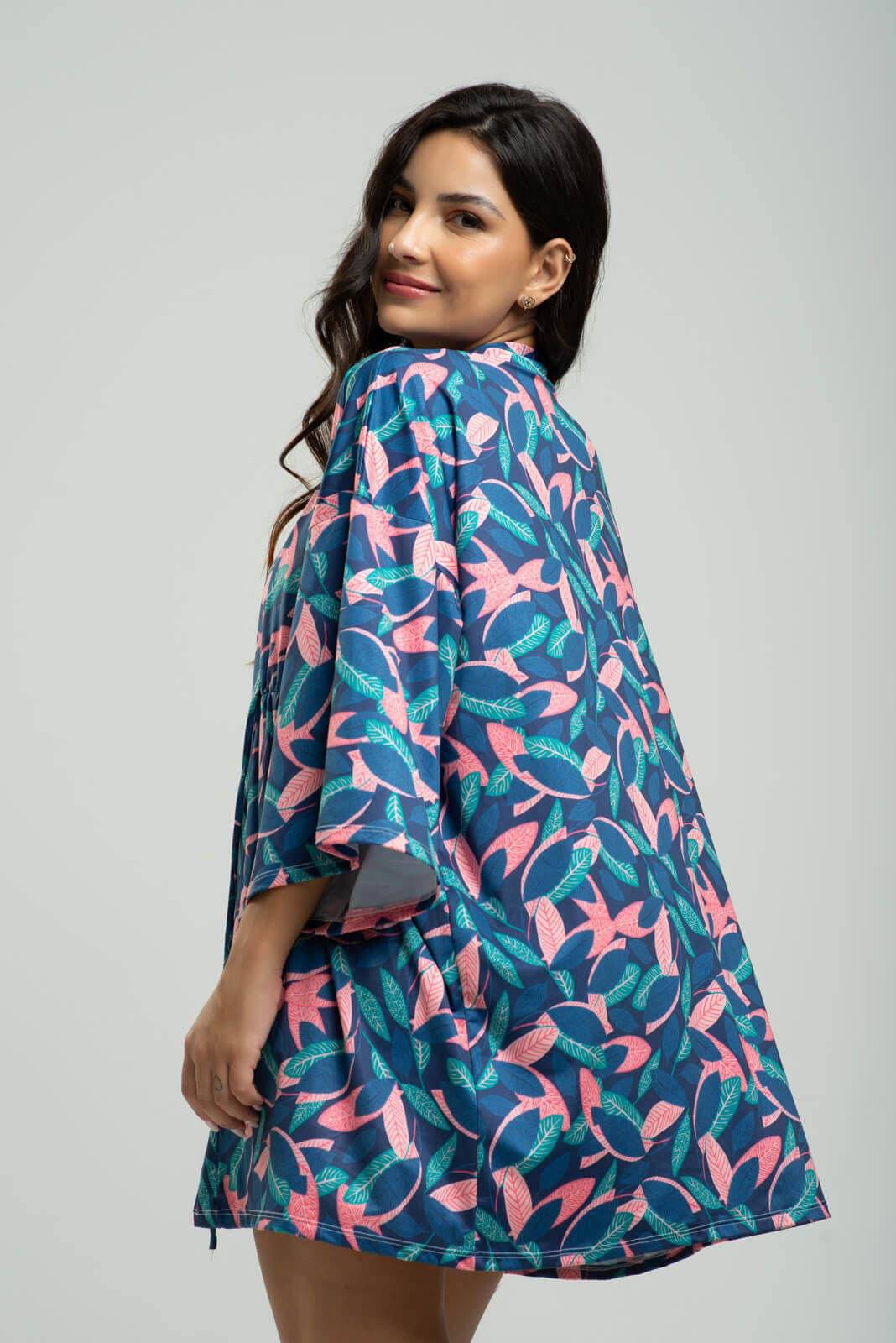 Saída de Praia Kimono UV Estampado Folhas - Vicbela