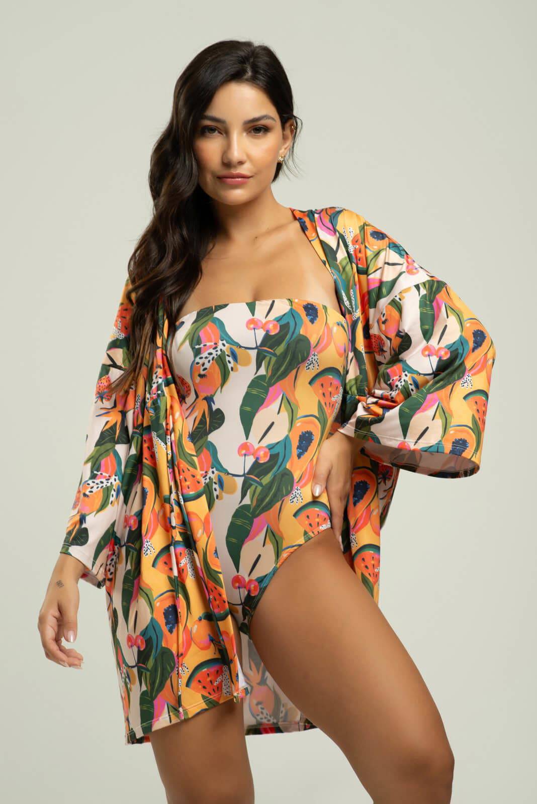 Saída de Praia Kimono UV Estampado Mamão - Vicbela