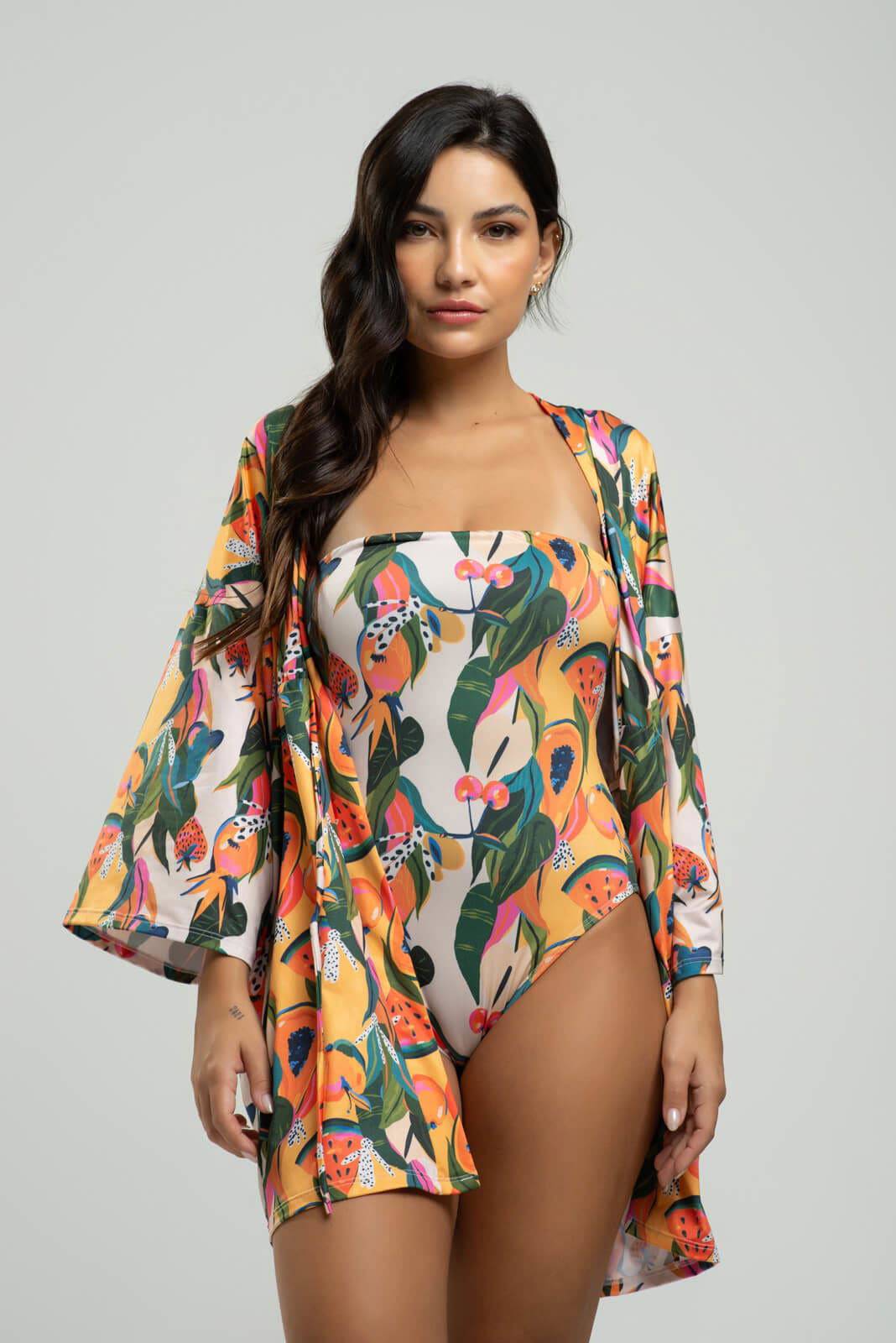 Saída de Praia Kimono UV Estampado Mamão - Vicbela