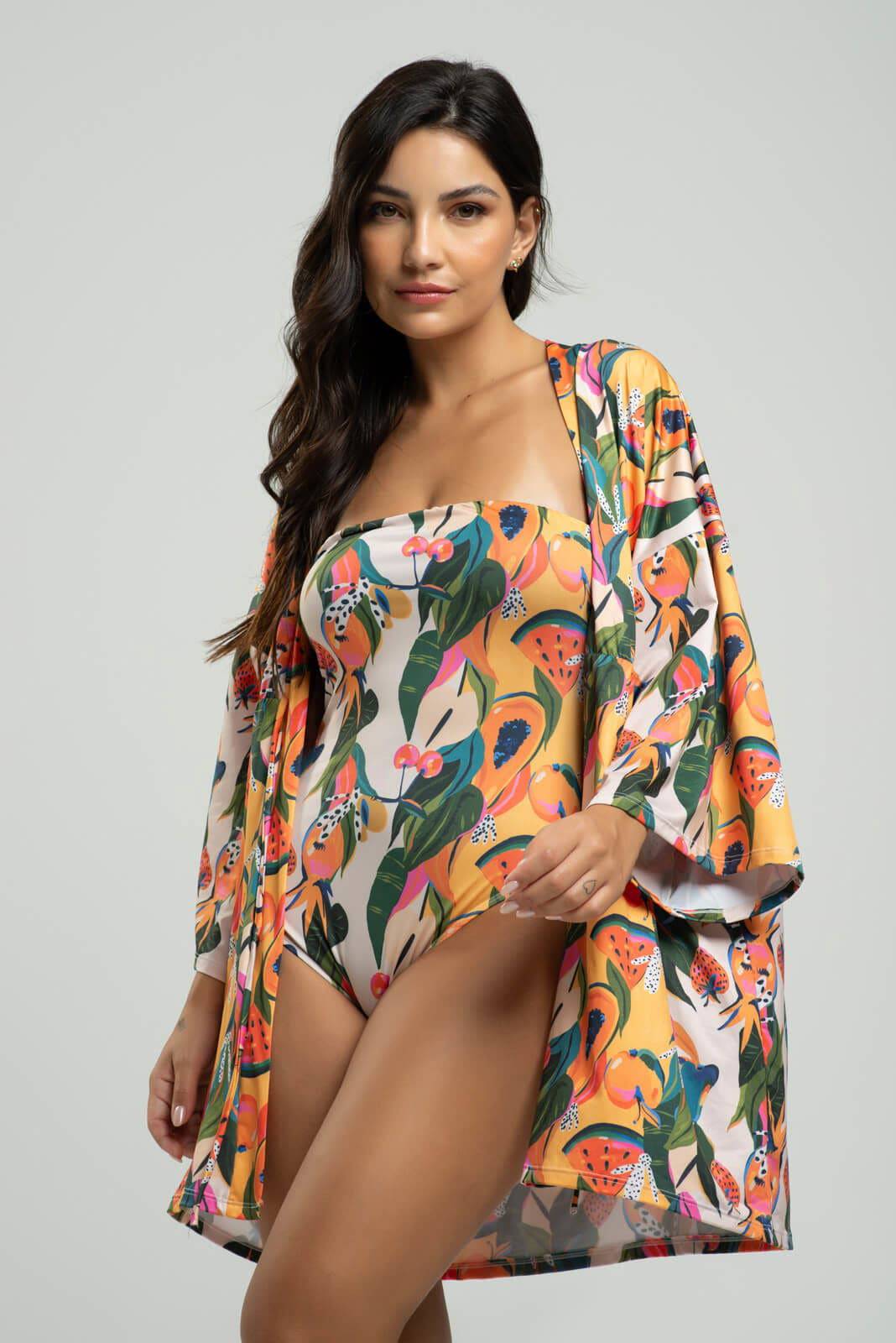 Saída de Praia Kimono UV Estampado Mamão - Vicbela