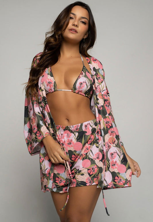 Saída de Praia Kimono UV Estampado Rosa - Vicbela