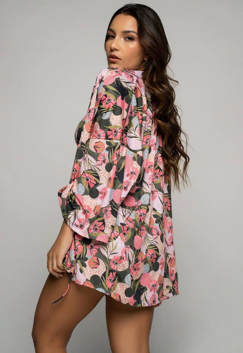 Saída de Praia Kimono UV Estampado Rosa - Vicbela
