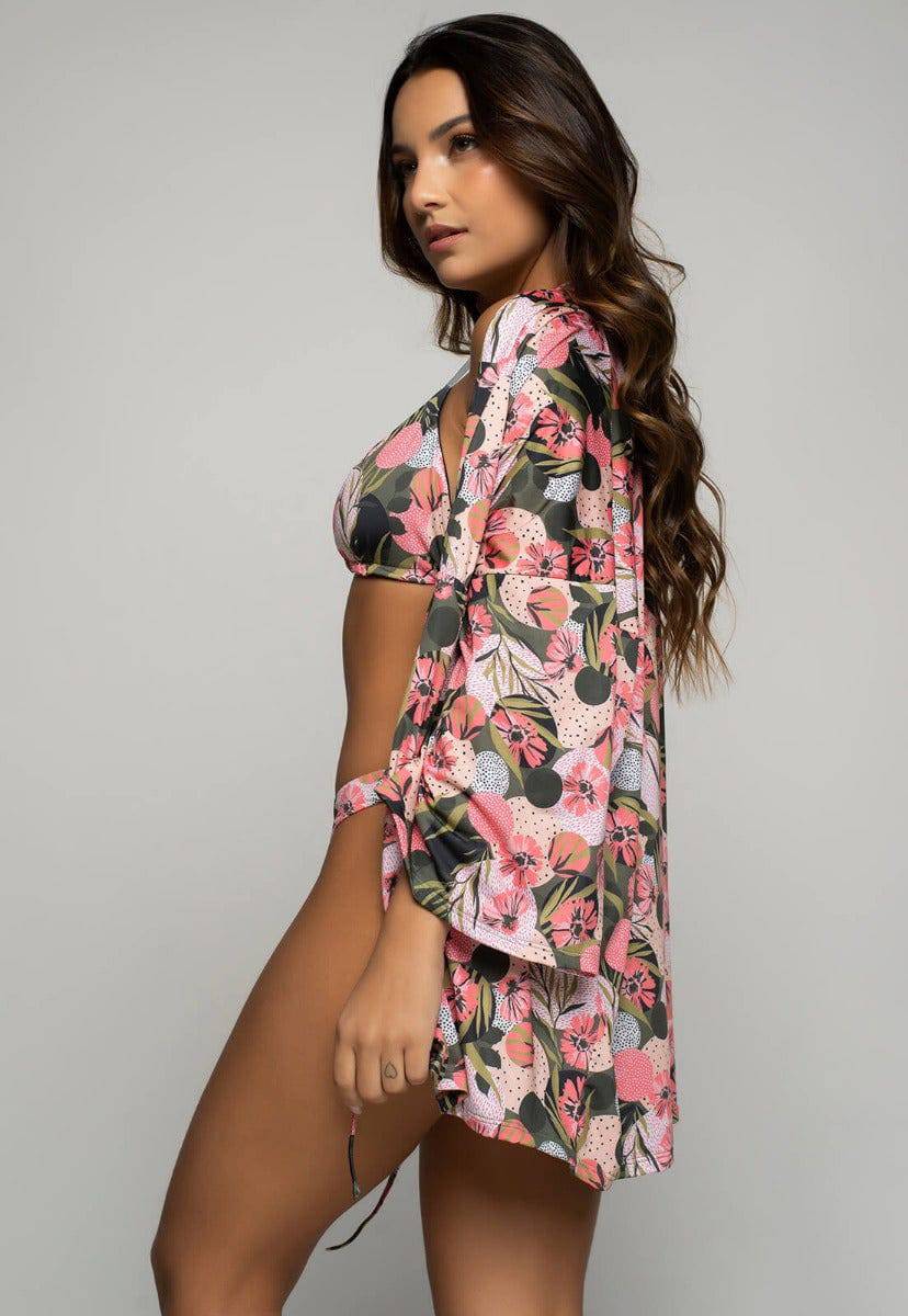 Saída de Praia Kimono UV Estampado Rosa - Vicbela