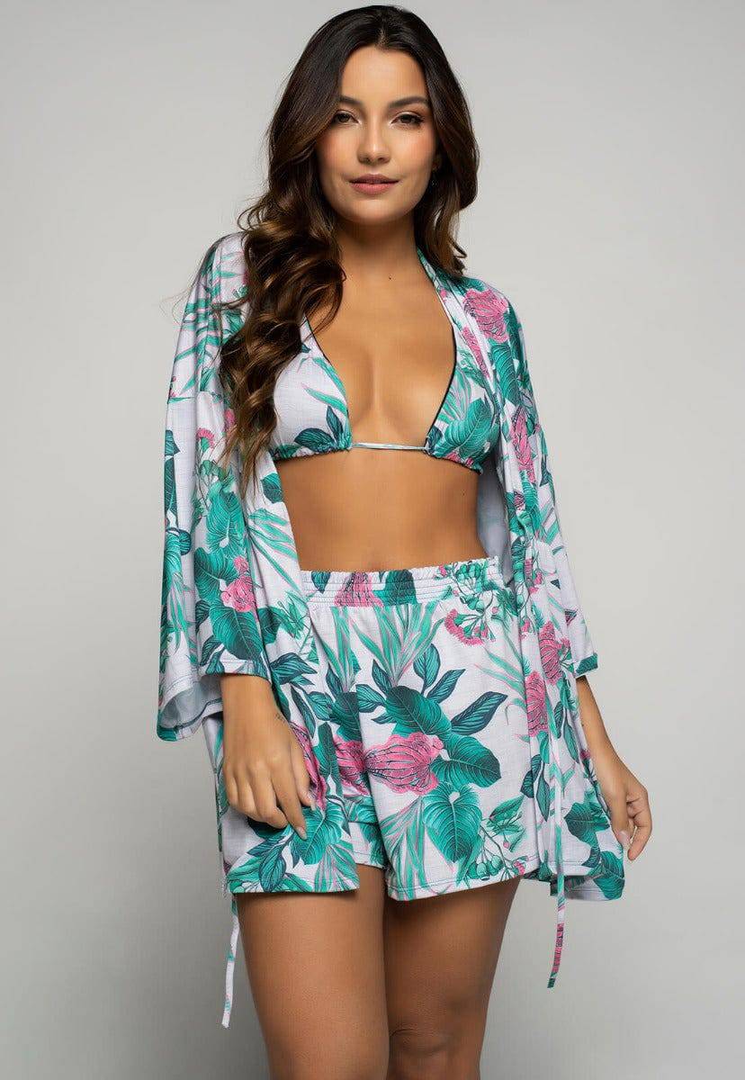 Saída de Praia Kimono UV Estampado Verde - Vicbela