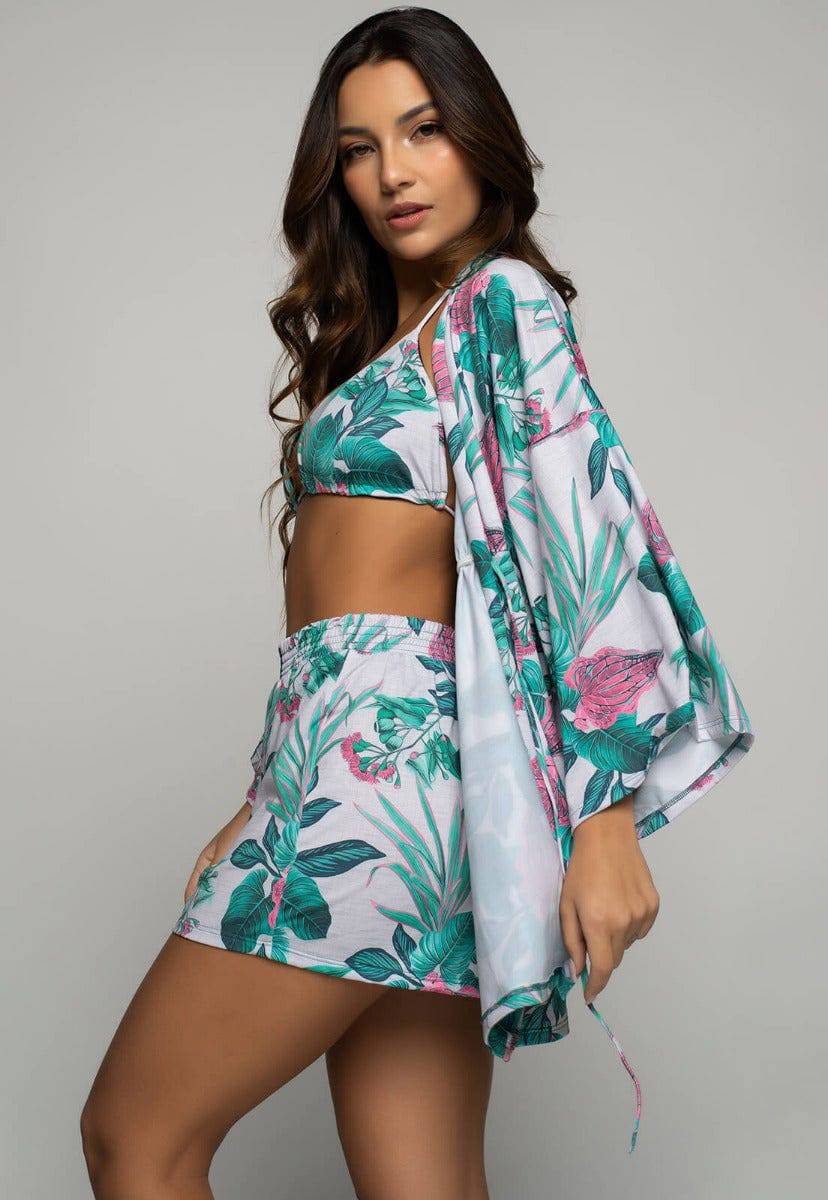 Saída de Praia Kimono UV Estampado Verde - Vicbela