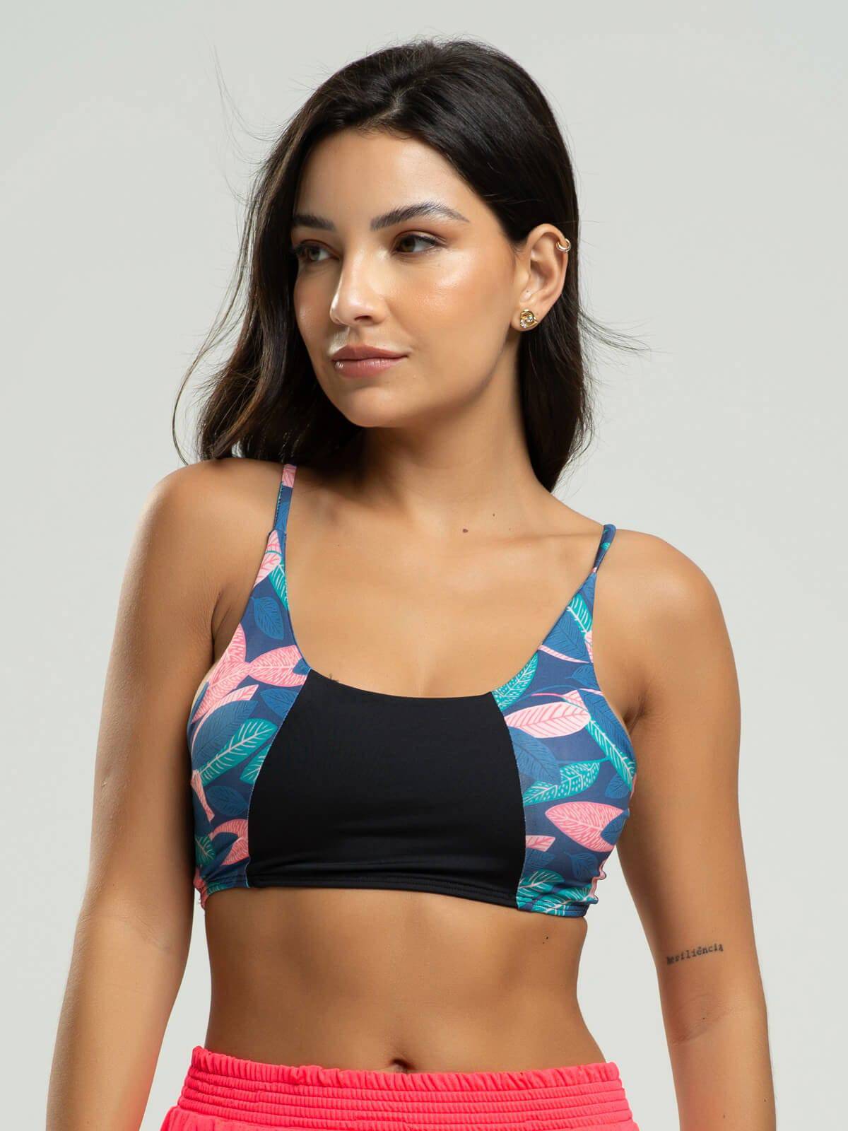 Top Estampado Alcinha Fitness Tecido Proteção Uv 50+ Folha - Vicbela