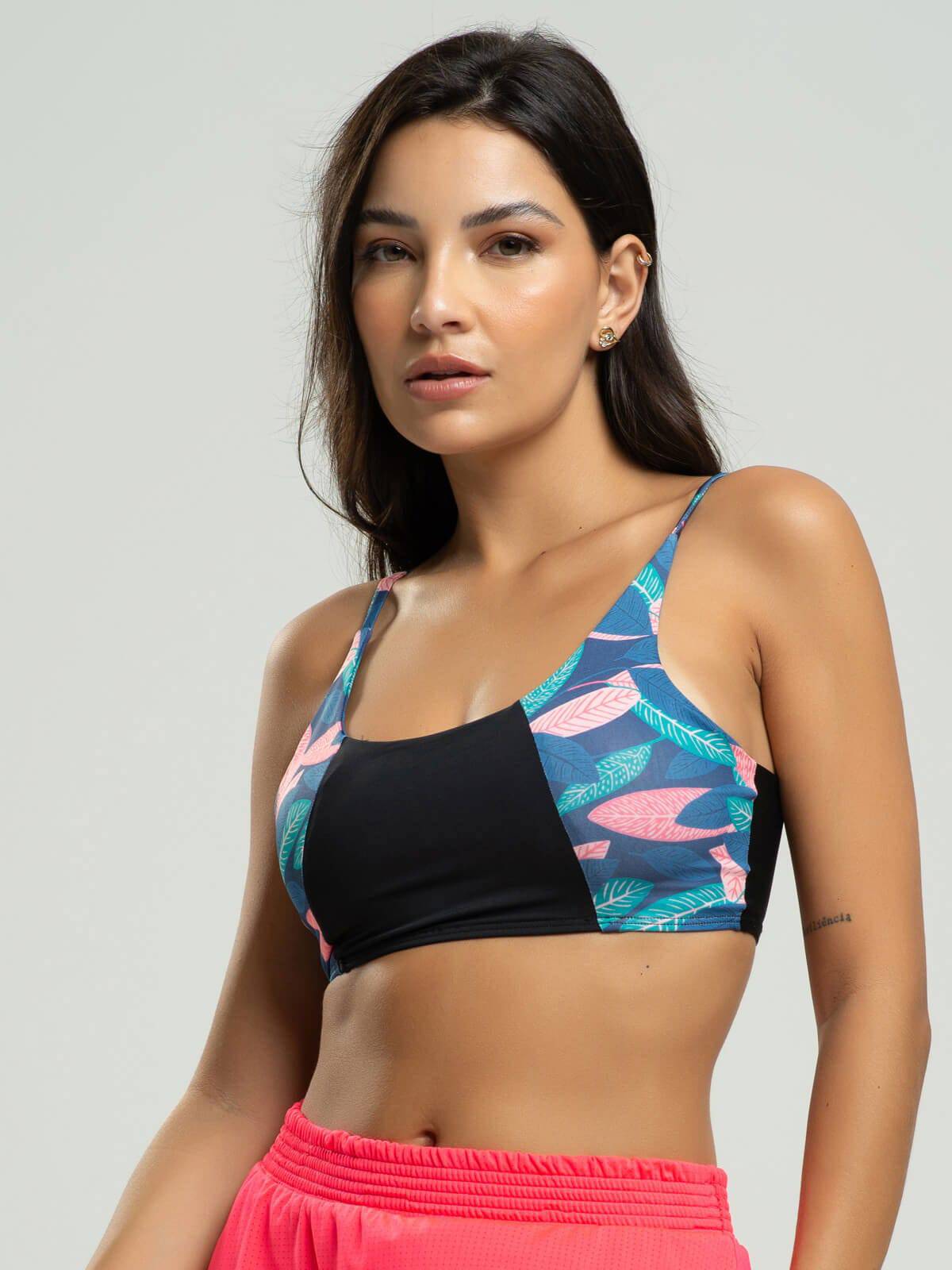 Top Estampado Alcinha Fitness Tecido Proteção Uv 50+ Folha - Vicbela