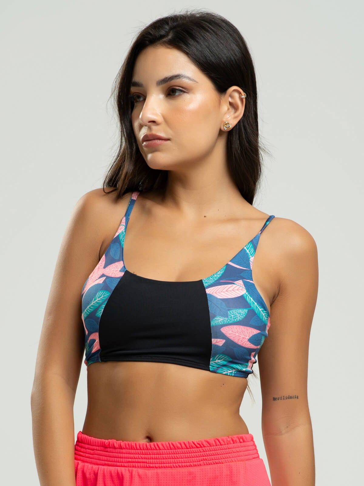 Top Estampado Alcinha Fitness Tecido Proteção Uv 50+ Folha - Vicbela