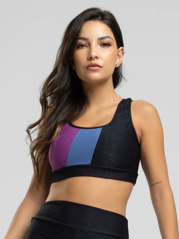 Top Regata Fitness Colorido Suplex Wonder Preto com Azul - Vicbela