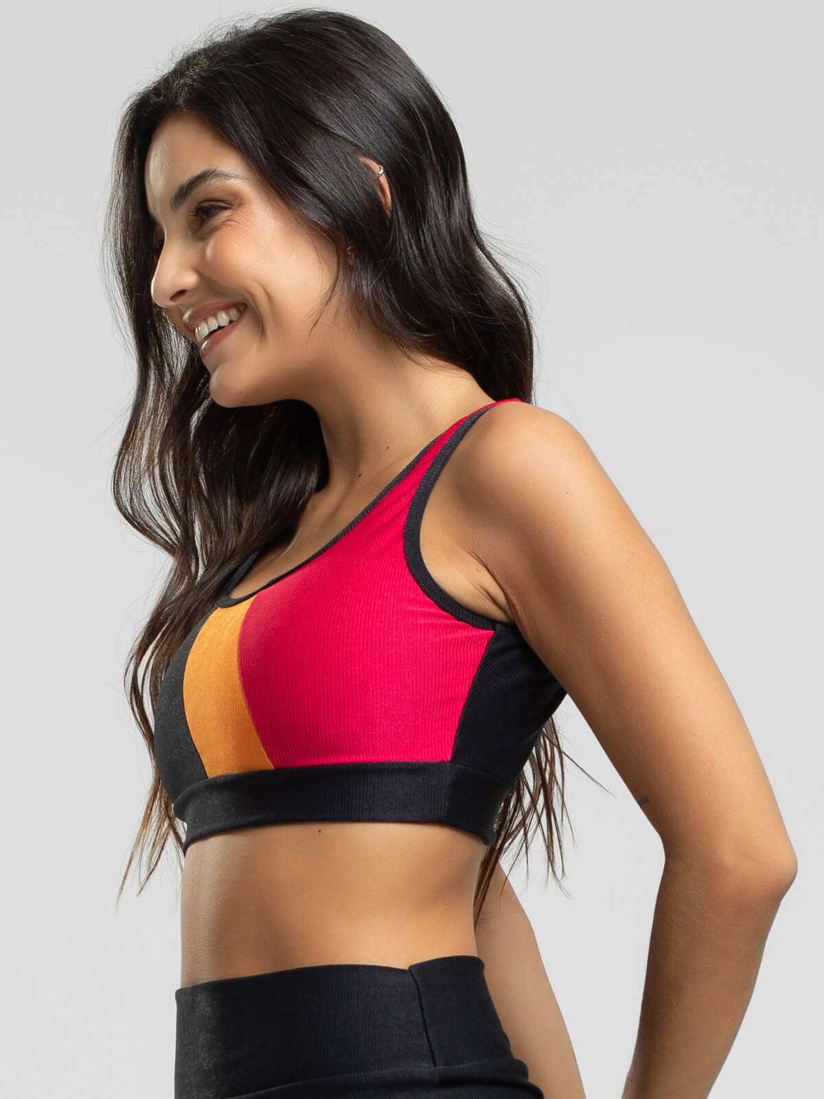 Top Regata Fitness Colorido Suplex Wonder Preto com Laranja - Vicbela