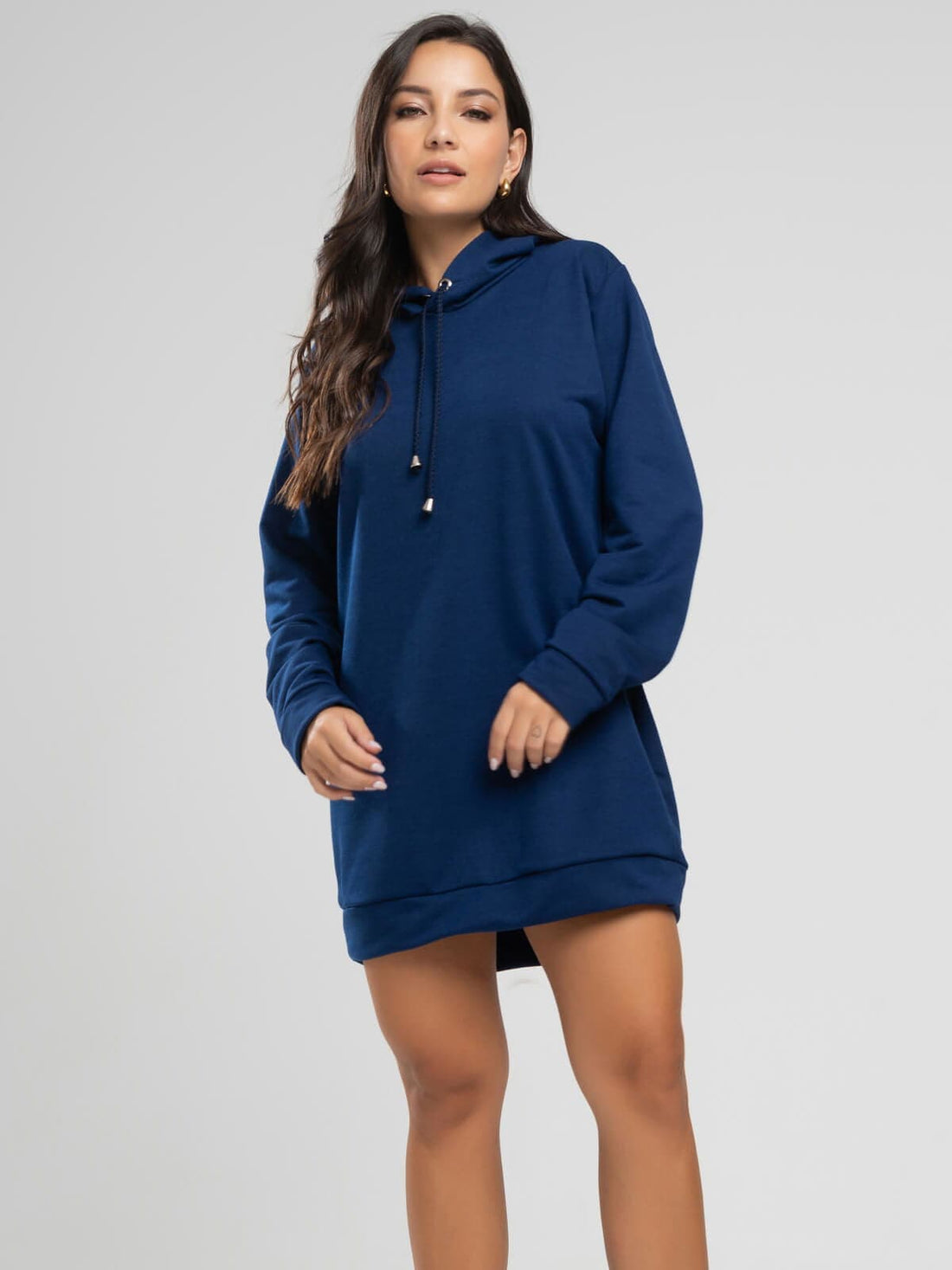 Vestido Blusão Com Capuz Manga Longa Azul Marinho - Vicbela