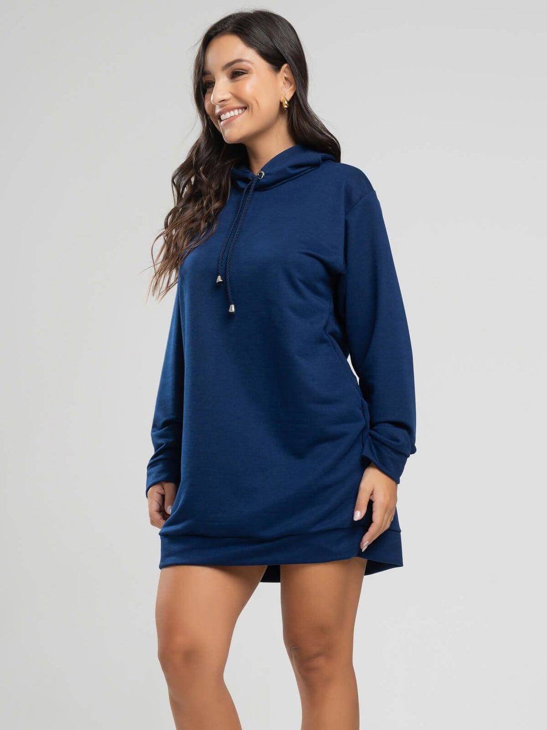 Vestido Blusão Com Capuz Manga Longa Azul Marinho - Vicbela