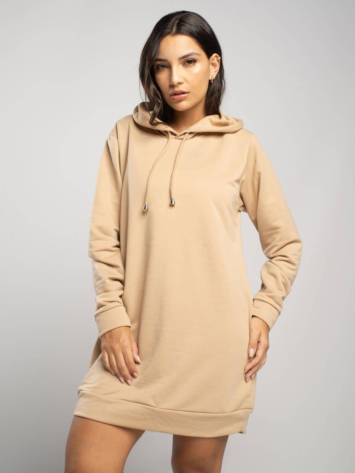 Vestido Blusão Com Capuz Manga Longa Bege - Vicbela