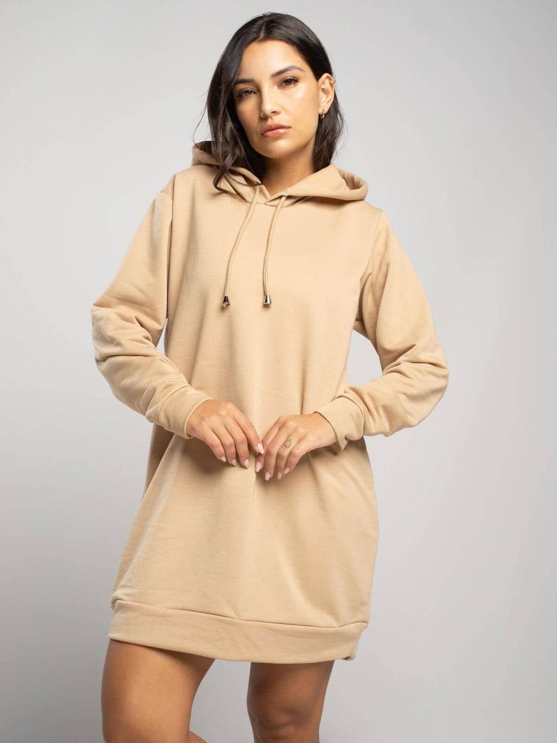Vestido Blusão Com Capuz Manga Longa Bege - Vicbela